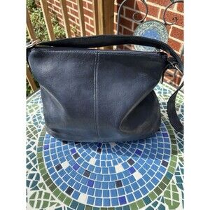 Tignanello Leather Navy Blue Shoulder Bag Classy Style W/Charm Magnet/Zip